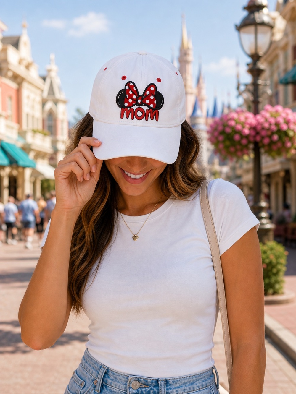 NWT Disney Minnie Mouse OS Mom Hat White Red Polka Dot Bow Baseball Park Day